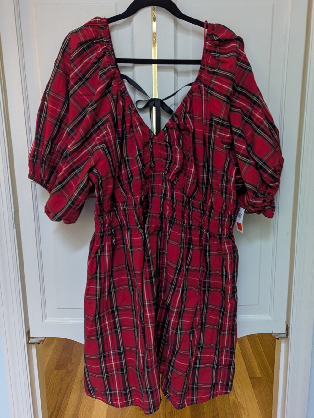Old Navy Red Plaid Puff-Sleeve Dress with Back Bow - Size XXL NWT